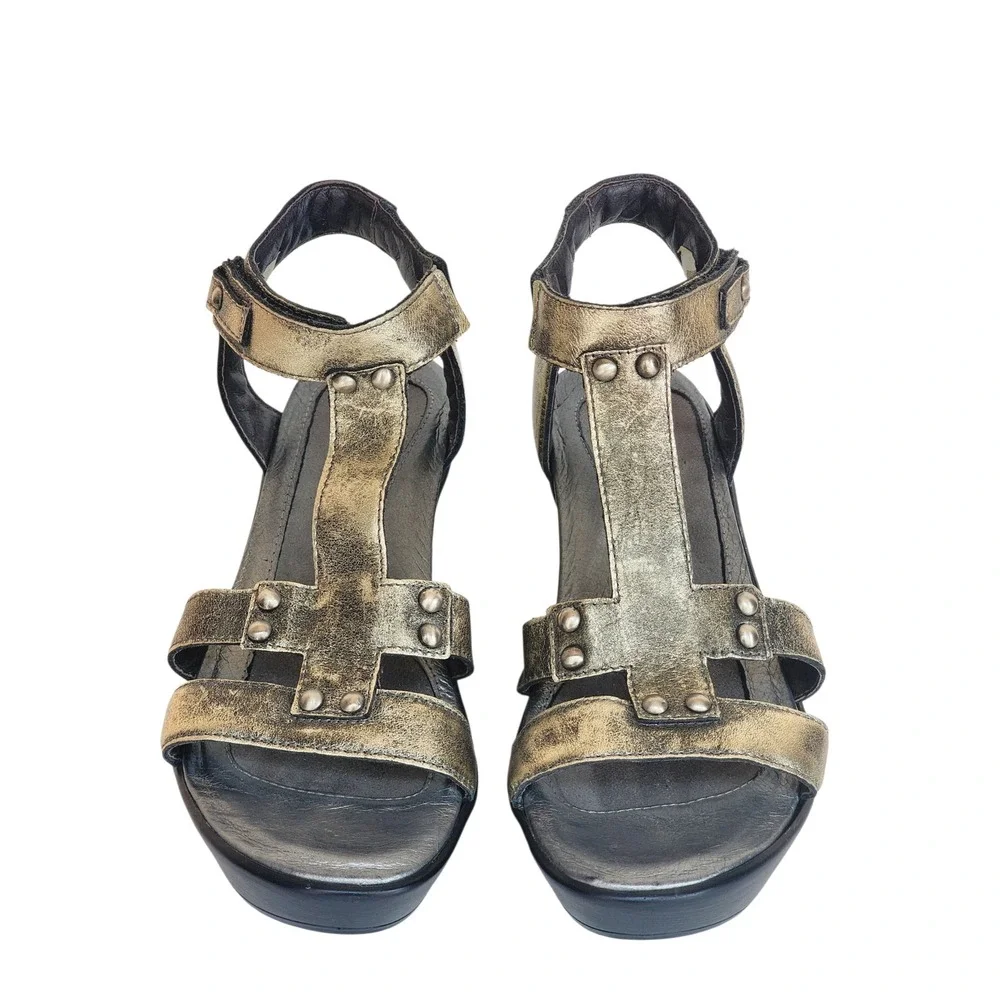 Naot Flirt Women Pewter Metallic Gold Leather Wedge T-Strap Studded Sandals 38